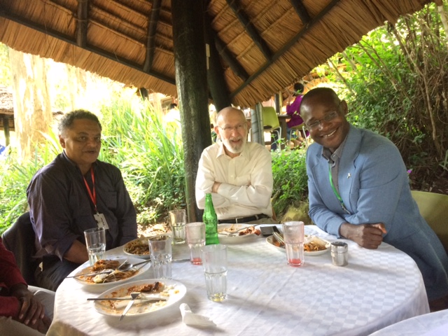 Dr Dennis Garrity (centre) receives Father Dr Charles Odira (right) and Sheikh Mohamed Abdalla, co-directors of the Kenya Interfaith Network for Environmental Action at ICRAF headquarters in Nairobi.​