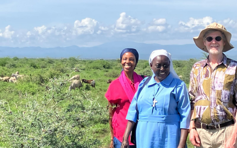 OikoDiplomatique co-directors Nkatha Kobia and Dr Alan Channer with Sister Rose during one of the site visits